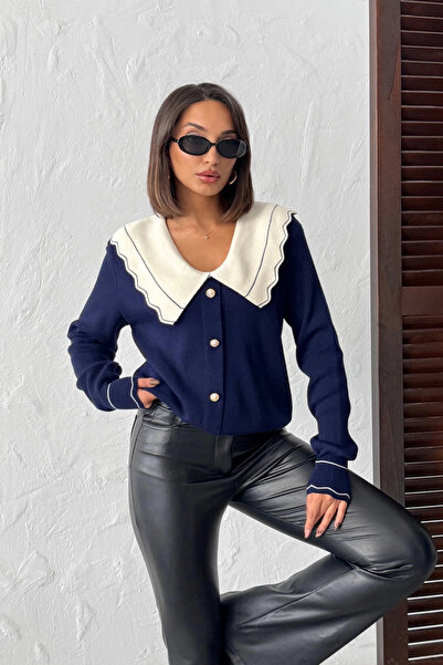 Lusin Γυναικεία ζακέτα με κουμπιά με λεπτομέρεια με γιακά σε μπλε ναυτικό χρώμα (νέο χρώμα)