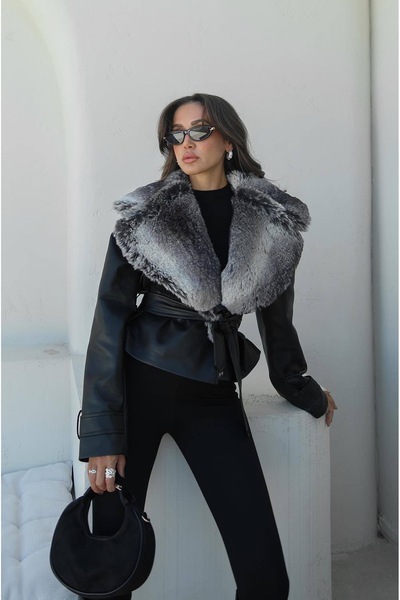 Berf Black Leather Jacket with Fur Collar Detail and Belt