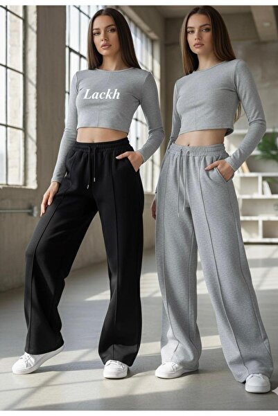 LACKH Pantaloni de sport 2 bucăți negru gri cu picioare largi, cu cordon în față, confortabili, elastici, care nu rețin transpirația