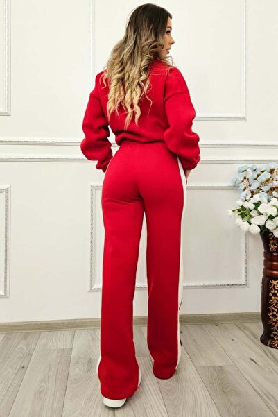 FashionForYou HeLLena women's padded tracksuit, pants and striped blouse with zipper, red