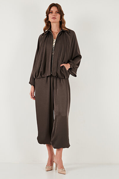 Lela Oversize Classic Collar Bat Sleeve Zippered Satin Jacket Jacket 6839584