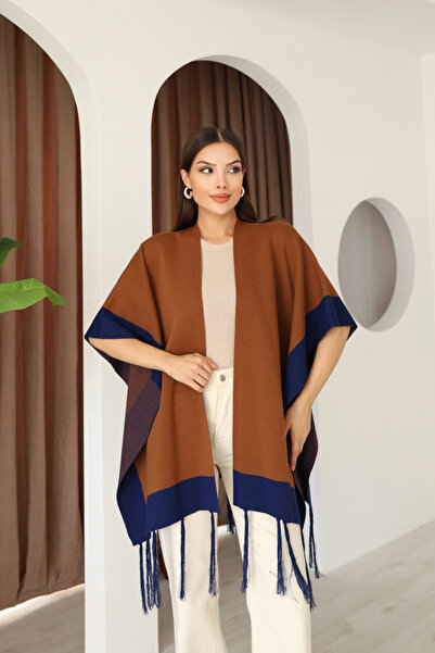 bacc Women's Cinnamon Brown Tassel Color Block Winter Knitwear Shawl Bces-253005