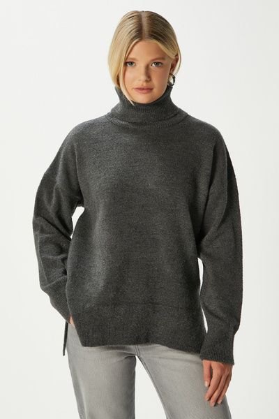 Ritnice Pulover de tricotat antracit cu textura moale Tery pentru femei, cu croiala lată, cu fante laterale XS-0028