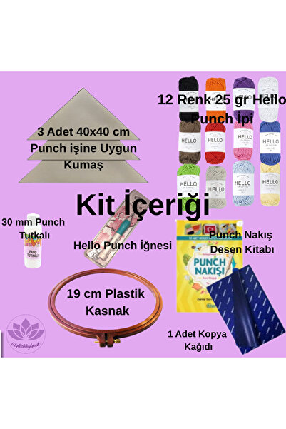LİLYHOBBYLAND Punch Embroidery Starter Kit Complete Set with 12 Colors of Thread, Fabric, Hoop and Needles