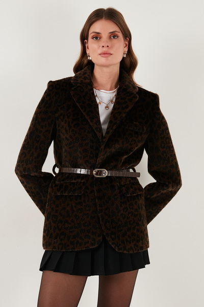 Lela Leopar Desenli Regular Fit Kemer Detaylı Peluş Dokulu Blazer Ceket CEKET 6839614