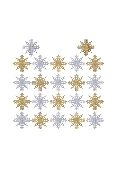 OEM Set 24 Christmas Tree Decorations, 3D Snowflake with Glitter, Silver/Gold