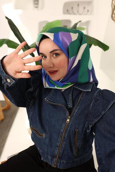 Silk Home Su Yeşili, Mor, İndigo, Lacivert, Yeşil Çiçek Desen Tivil İpek Eşarp IST 11408 - 23