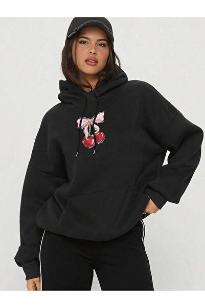 DİVİN -Women's Cherry Printed Sweatshirt, 3-Thread Quality Fabric, Oversized Cut