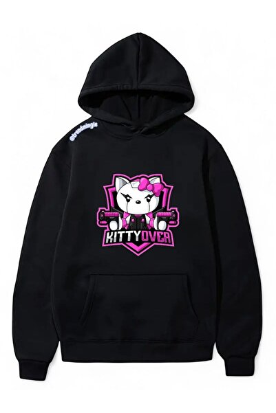 DEEFWEAR Hanorac oversize unisex cu imprimeu Black Pink Kitty - Trendmingle