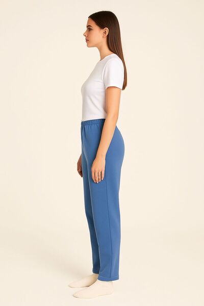 LinaByUgurr Blue Fleece Pajama Bottoms Women's Thick Winter Anti-Pilling No Pocket Elastic Warm Soft and Comfortable Pajamas