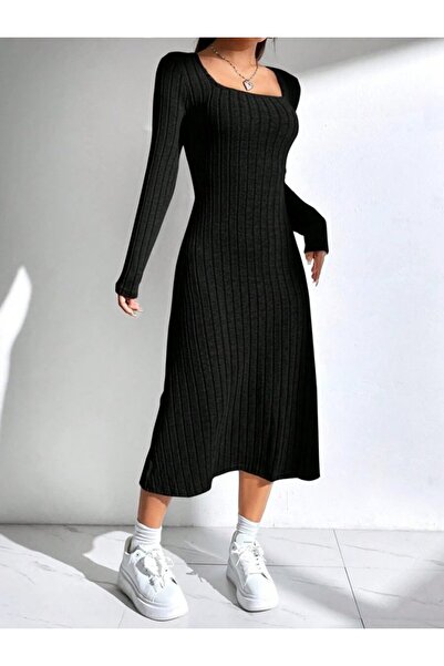 Genel Markalar Nova Epoxy Art Kadın Uzun Kollu Kare Yaka Midi Kaşkorse Elbise