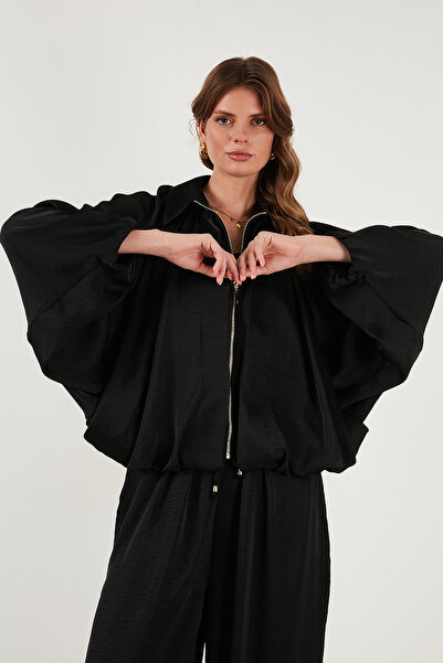 Lela Oversize Klasik Yaka Yarasa Kol Fermuarlı Saten Ceket CEKET 6839584