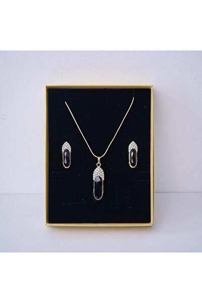 velve Set accesorii Feeling,din inox,cu cercei,lantisor si pandativ cu cristale,cutie eleganta,auriu/negru