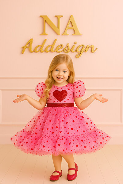 NA ADDESIGN Kalpli Tül Kabarık Pembe Elbise – Kırmızı Eva Kalp ve Pul Payet F...