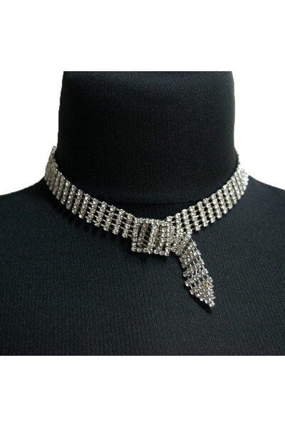 velve Choker necklace with semi-precious stones, at the base of the neck, silver, CK012
