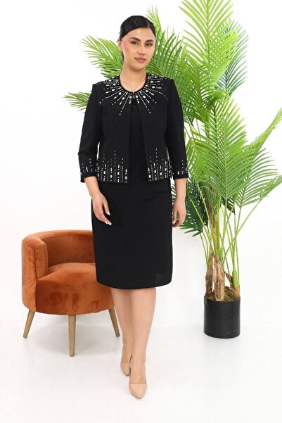 MİSS DİAMOND Jacket with Stone Embroidery, Closed Slit, Black Short Skirt, Th...