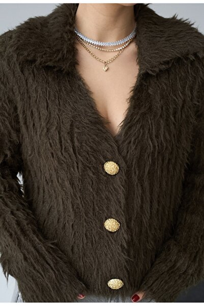 Berf Khaki Polo Collar Gold Button Detailed Furry Cardigan