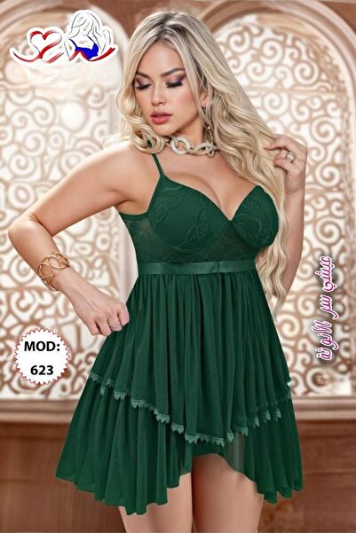 Nice Model Elegant Lace Nightgown Babydoll Style Pleated Asymmetric Skirt Satin Waist Band Women's Lingerie