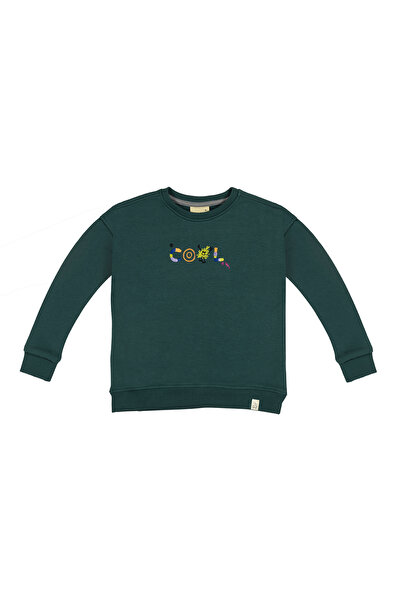 Çocuk Unisex Bisiklet Yaka Cool Nakışlı Sweatshirt - Yeşil