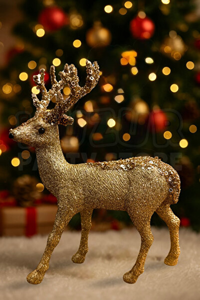 Huzur Party Store 30cm Champagne-Colored Deer Figure with Glitter and Sequin ...