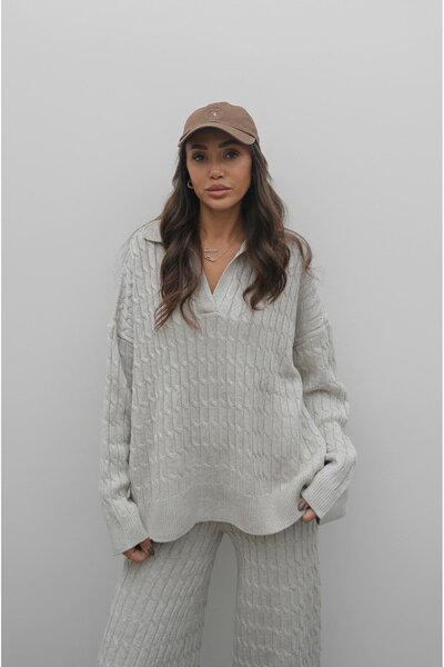 Havoş Beige V-Neck Hair Knitwear Set