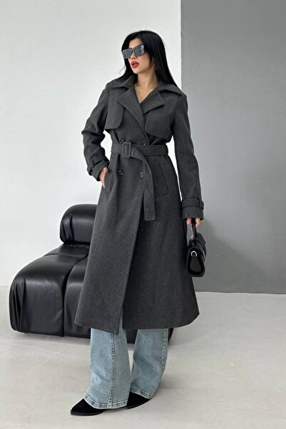 AKD Atelier Women's Coat Long Cashmere Belted Buttoned Pocketed Double Breasted Premium Coat