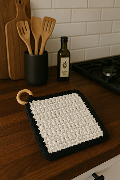 Emsay Store Hand Knitted Trivet and Holder - Heat Resistant Stylish Design with Wooden Ring