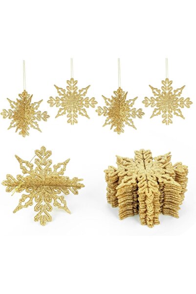 OEM Set 12 decorațiuni pentru bradul de Crăciun, fulg de zăpadă, 3D, cu sclipici, auriu