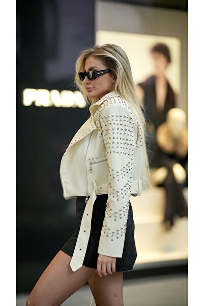ByRanaBuyuk White Studded Leather Jacket