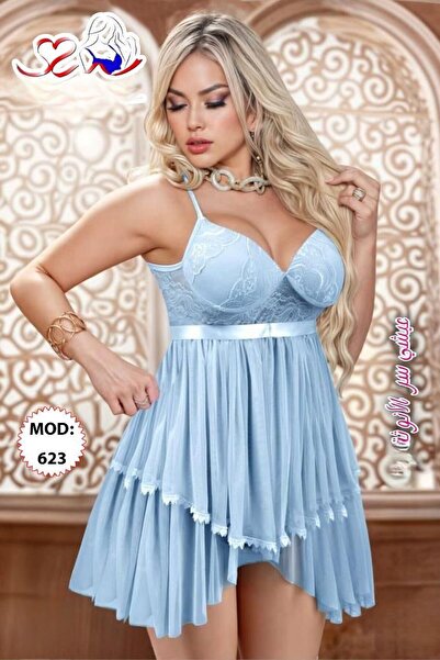 TREN Short Elegant Lace Babydoll Nightdress Layered Design Silk Bow Waist Women's Premium Lingerie