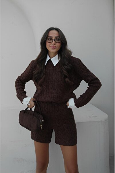 Havoş Keserűbarna inggalléros pulóver rövidnadrág szett