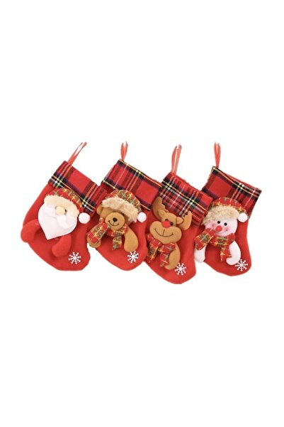 OEM Set 4 Christmas stockings, 3D model, Santa Claus, teddy bear, reindeer, snowman, felt, 15 cm, red