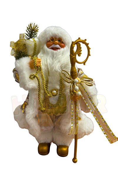 Huzur Party Store 30cm Gold Santa Claus Figure with Staff and Gift Sack Detailed Christmas New Year Tree Decoration Gift