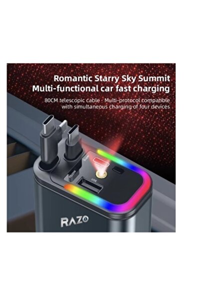 Razo Încărcător auto inteligent 4 în 1, încărcare rapidă cu lumină ambientală colorată și proiecție a cerului înstelat