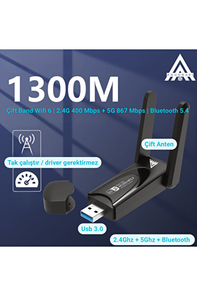 Anunnaki 1300 Mbps Usb WiFi 6 Adaptör 2.4G+5G ve Bluetooth 5.4 Tak Çalıştır Çift Antenli Wifi Dongle