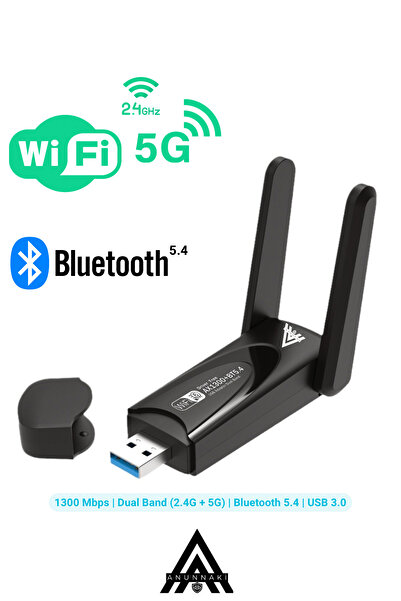 Anunnaki 1300 Mbps Usb WiFi 6 Adaptör 2.4G+5G ve Bluetooth 5.4 Tak Çalıştır Çift Antenli Wifi Dongle