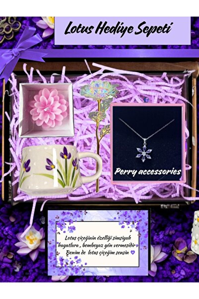 Perry Accesories kararmaz çelik mor lotus kolye ,kupa ,mum ve solmayan sonsuzluk gülü hediye sepeti seti