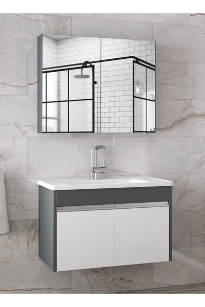 Alfa Banyo Visente EA 80 Cm Ayna Dolaplı Sermik Lavabolu Mdf Banyo Dolabı Seti--Hazır Kurulu--