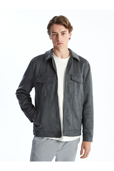 LC Waikiki معطف رجالي من جلد الغزال ذو ياقة قميصية وقصة ضيقة باللون الأخضر