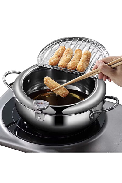 OEM Stainless steel frying pan with thermometer and sieve - multifunctional household fryer