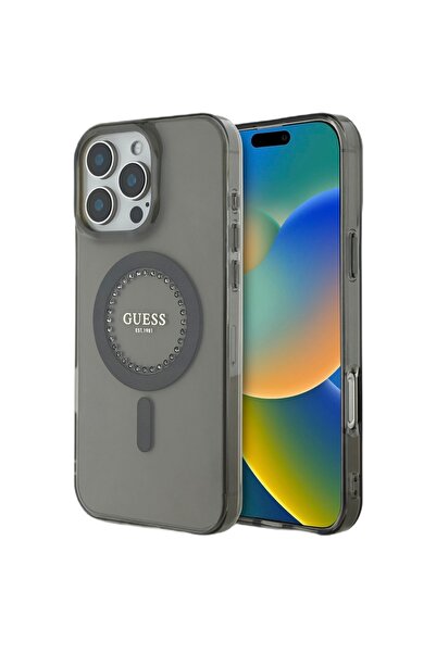 Guess Husa Rhinestones Ring MagSafe iPhone 16 Pro Negru