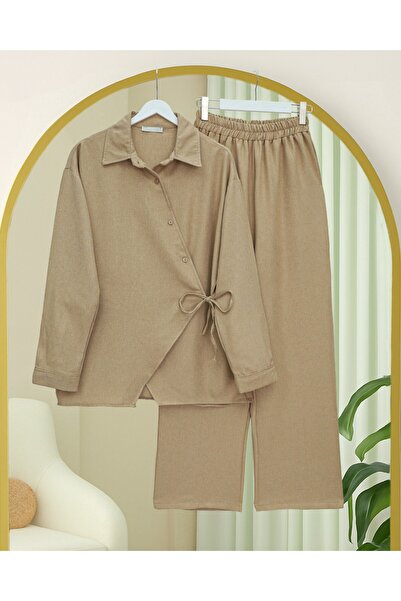 Modamorfo Cross Buttoned Side Tie Wool Effect Suit - Mink