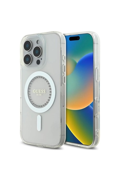 Guess Husa Rhinestones Ring MagSafe iPhone 16 Pro Alb