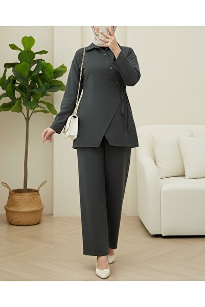 Modamorfo Cross Buttoned Side Tie Wool Effect Suit - Anthracite