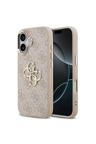 Guess Husa PU Leather 4G Metal Logo Gold Frame iPhone 17 Roz