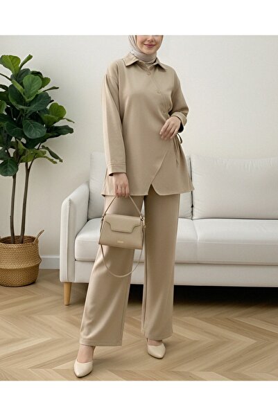 Modamorfo Cross Buttoned Side Tie Wool Effect Suit - Mink