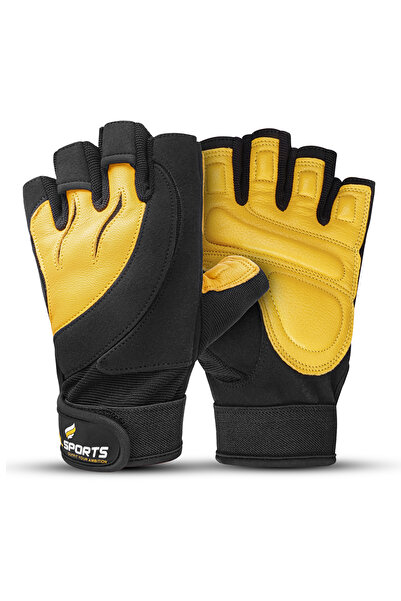 MGL SPORTS Weight Glove Black Yellow Leather (Large) -Heavy Duty Gym Gloves for Men & Women
