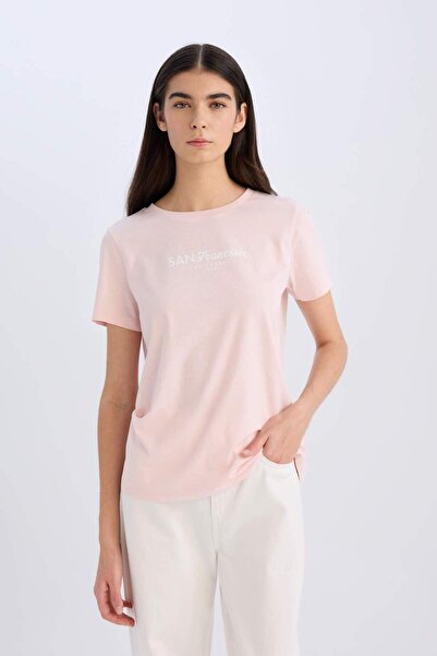 DeFacto Μπλουζάκι με κοντό μανίκι από χτενισμένο βαμβάκι με στάμπα με κανονική εφαρμογή E0625AX25SP