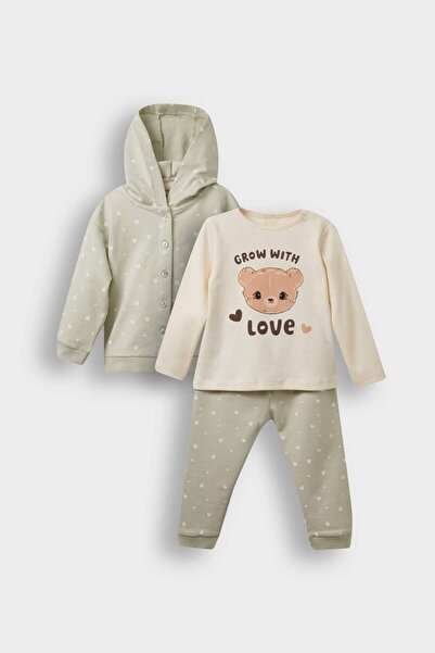 DeFacto Baby Girl 3-Piece Set Hooded Snap Cardigan Printed Long Sleeve T-Shirt Bottom F4629A525Au