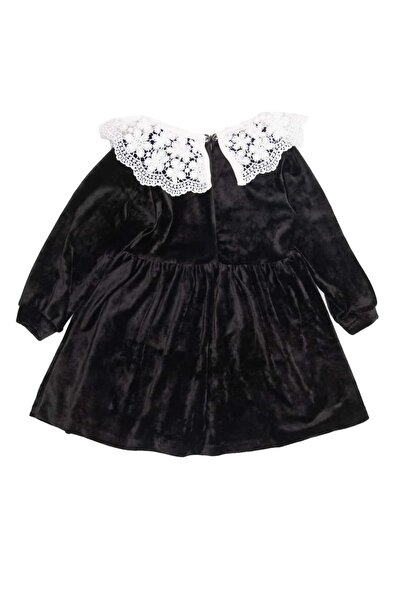 Ozmoz By Mukadder Özden Lace Collar Soft Black Velvet Little Girl Dress